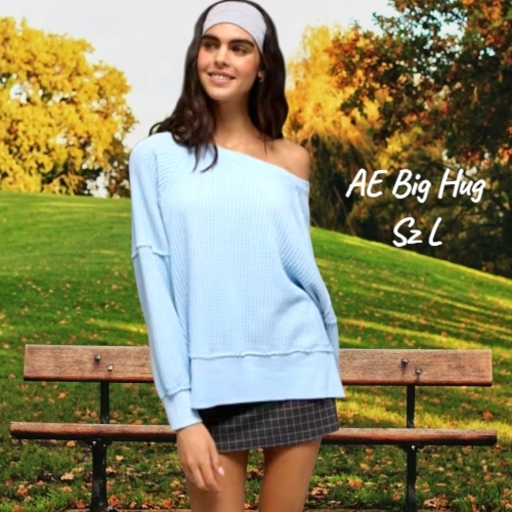 Nwt American Eagle Outfitters Off-Shoulder Light Blue Sweatshirt Sz L
